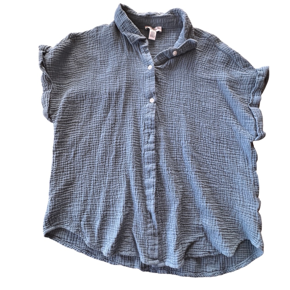 Jessica Simpson Gauze Button Down Shirt Womens Size L Blue Short Sleeve Flowy